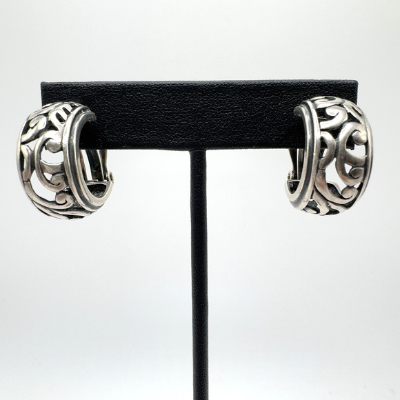 Silpada Sterling Silver Hoop Earrings Clip On Oxidized Scroll Work Vintage .875" - Picture 1 of 7
